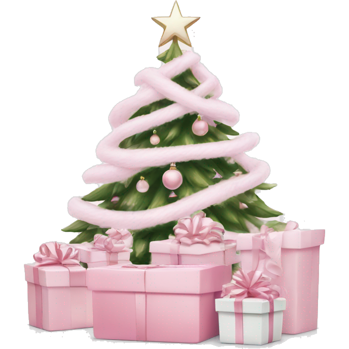 Light pink Christmas gifts under a white Christmas tree