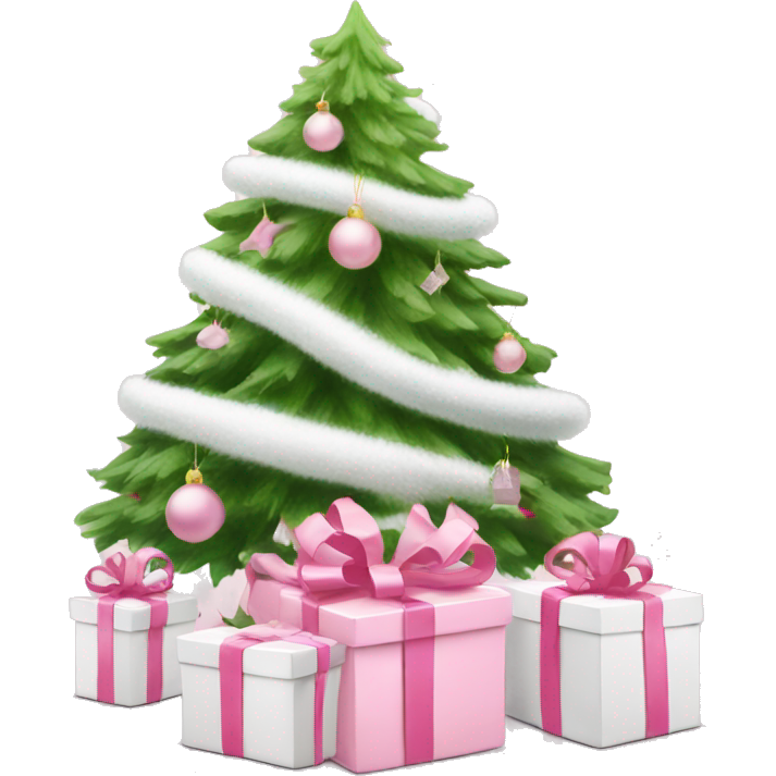 Light pink Christmas gifts under a white Christmas tree