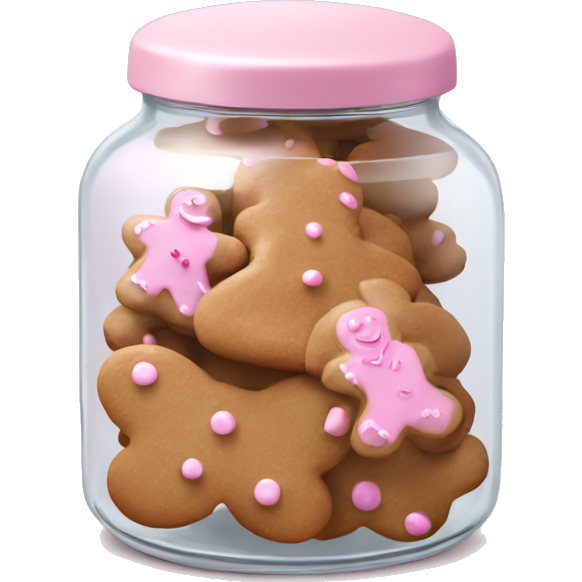Realistic glass cookie jar with light pink lid full of gingerbread cookies isolated.