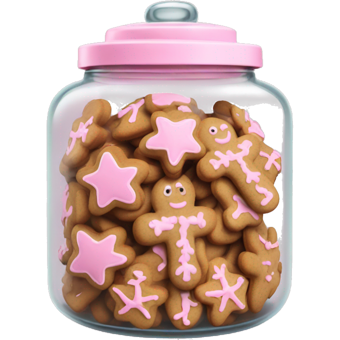 Realistic glass cookie jar with light pink lid full of gingerbread cookies isolated.