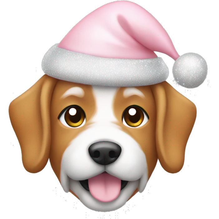 A peach color dog wearing a light Pink Santa hat with sparkles