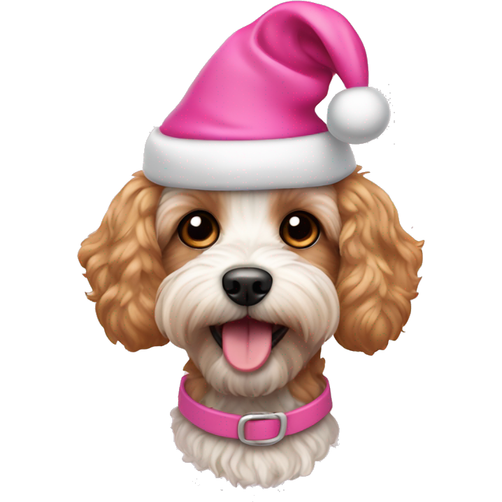 Cavapoo dog wearing pink Santa hat