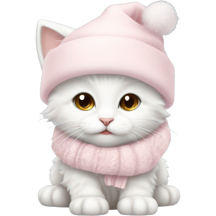 Fluffy white winter kitten with pale pink christmas hat and pale pink scarf