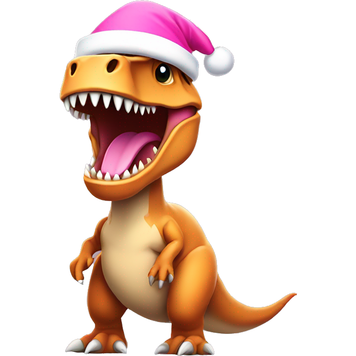 T rex wearing a pink santa hat