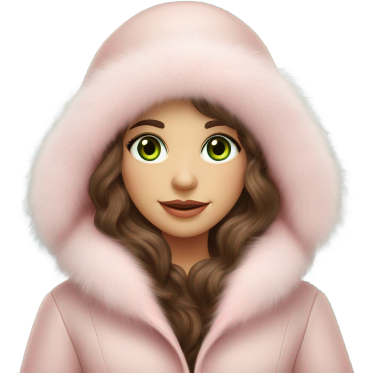 Beautiful Slavic green eyes girl with brown wavy long hair in a big light pink fur hat and matching Mink fur coat