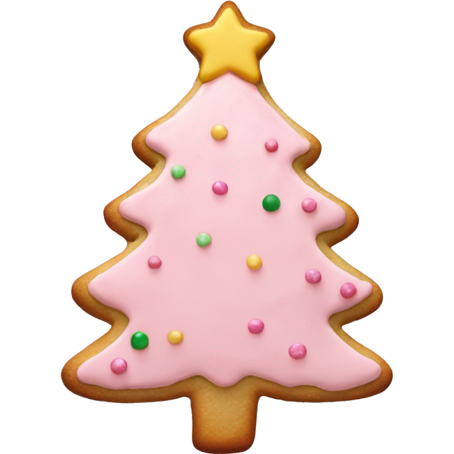 Christmas tree cookie with light pink icing and light pink sprinkles and a pastel pink star