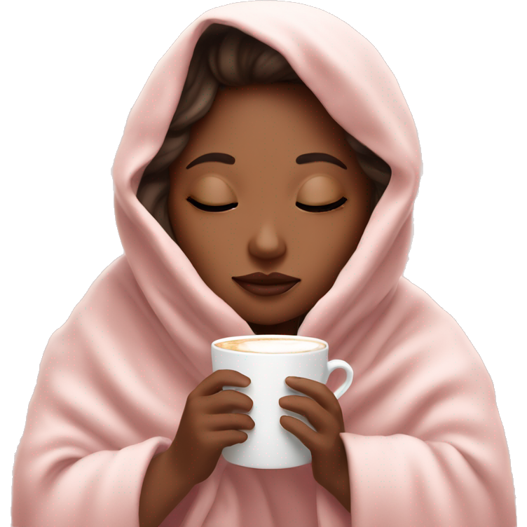 Girl inside a light pink blanket sipping coffee eyes closed