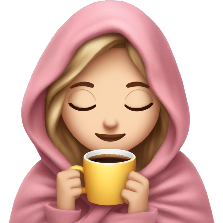 White girl inside a pink blanket sipping coffee eyes closed
