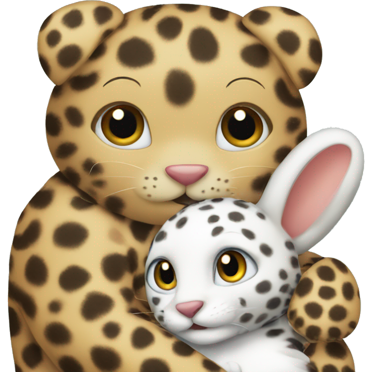 A bunny and a leopard hugging each other