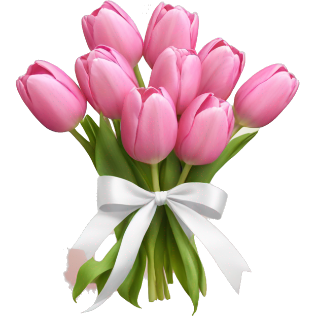 Pink tulip bouquet with white ribbon tied around it