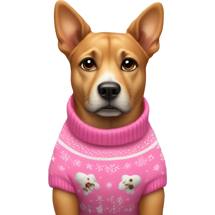 Dog wearing pink Christmas sweater