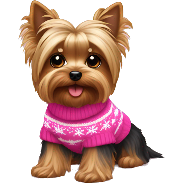 Yorkie dog wearing a pink Christmas sweater sitting down
