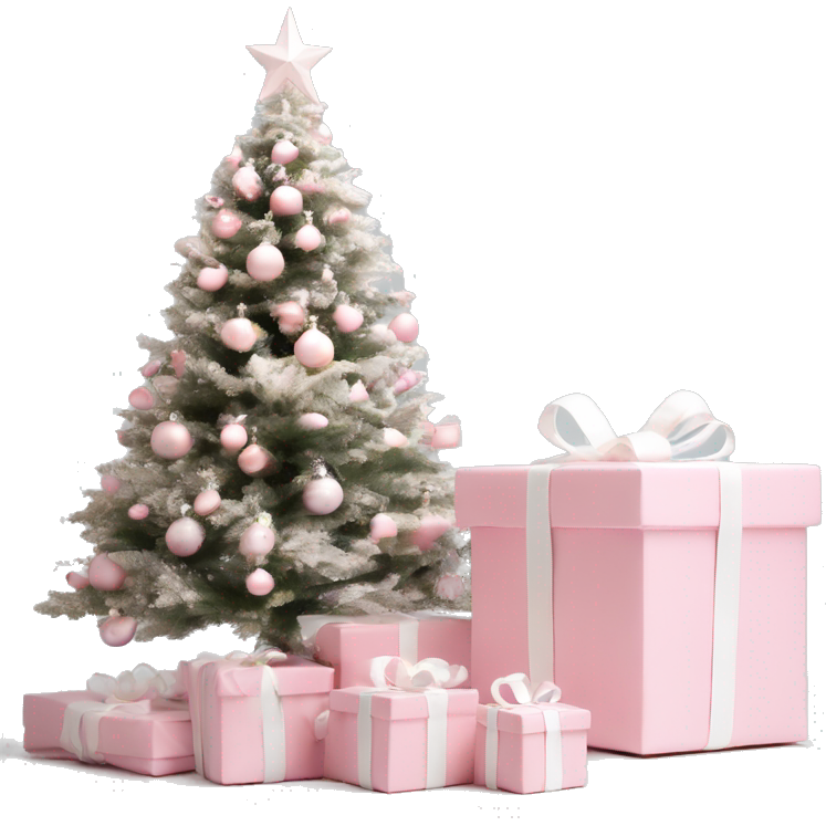 Light pink Christmas gifts under a white Christmas tree