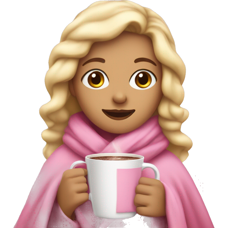 Blonde girl wrapped up in pink blanket hot chocolate in hands