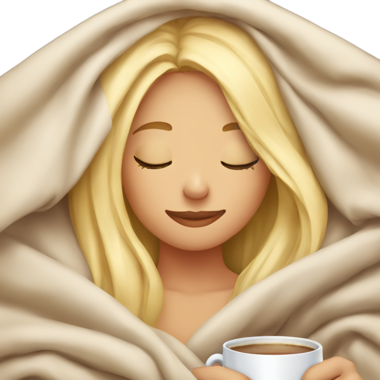Blonde girl inside a blanket sipping coffee eyes closed