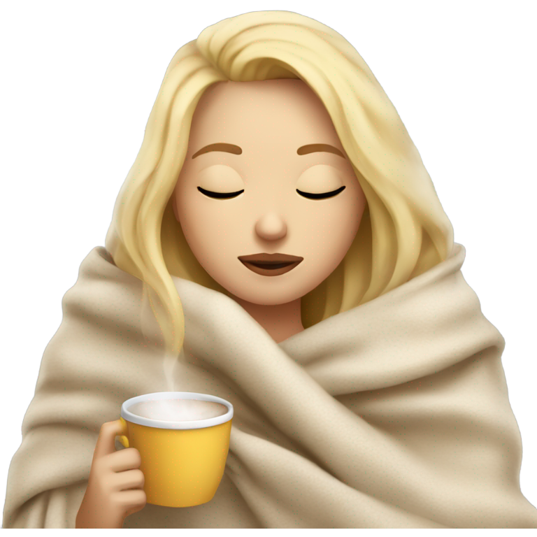 Blonde girl inside a blanket sipping coffee eyes closed