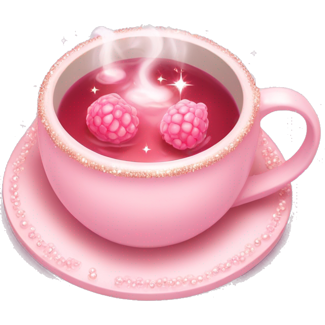 Soft pink mug filled with steaming hot raspberry tea, decorated with blush pink pearl and sparkly embellishments (aesthetic, cute)