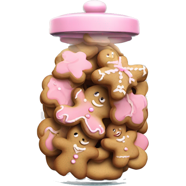 Realistic glass cookie jar with light pink lid full of gingerbread cookies isolated.
