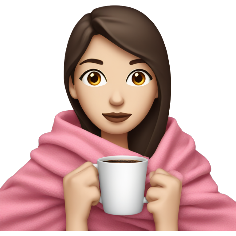 Woman with pale skin, blue eyes, and dark brown hair drinking coffee while wrapped in a pink blanket