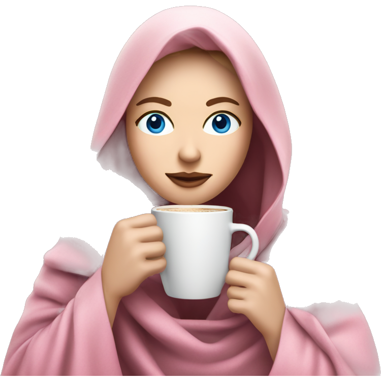 Woman with pale skin, blue eyes, and dark brown here drinking coffee while wrapped in a pink planket