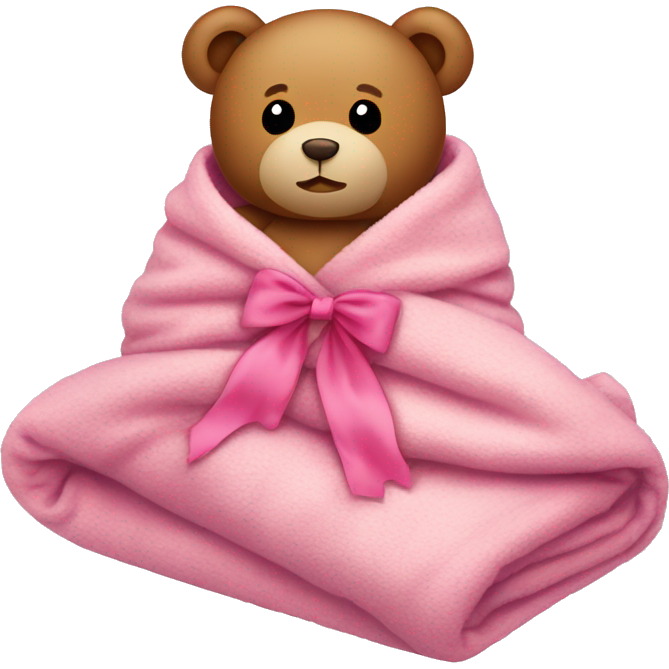 Teddy bear in a cozy blanket with pink bow