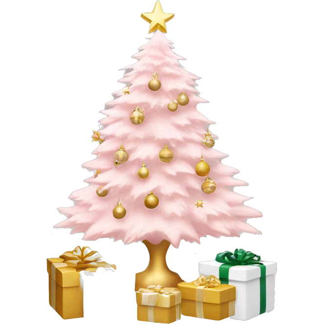 Light pink christmas tree with white pot and presents underneath and star and white and gold ornaments