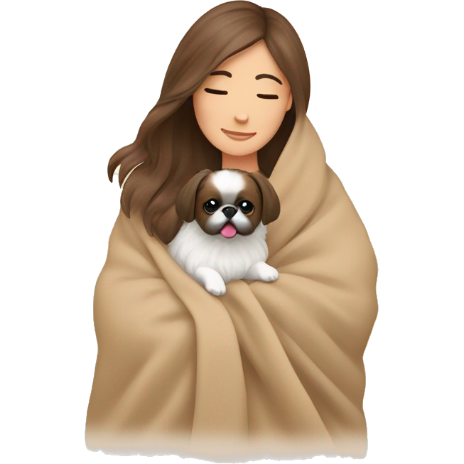 A Women with brown hair is cradling her Pekingese in a beige blanket
