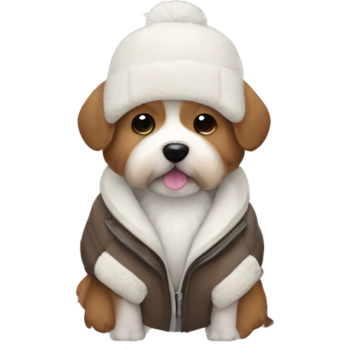 Cute small brown fluffy dog with a white benie and jacket on
