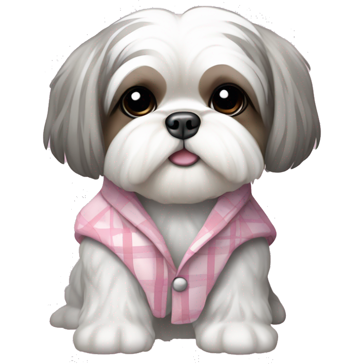 White and gray shaved shih tzu wearing a baby pink plaid coat