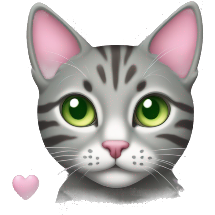 A grey tabby cat with a pink nose and green eyes is surrounded by hearts
