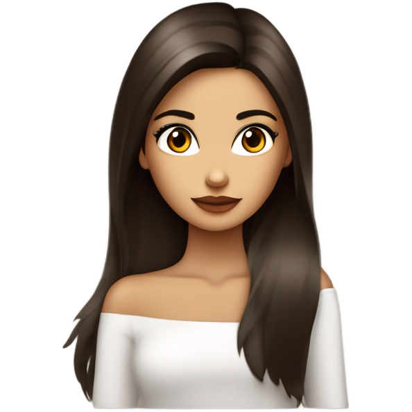 Chica morena de piel con pelo castaño oscuro listo y largo. Cara delgada, ojos rasgados y marrones oscuros y labios carnosos. Maquillada. Delgada . Top blanco.