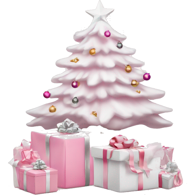 Light pink Christmas gifts under a white Christmas tree