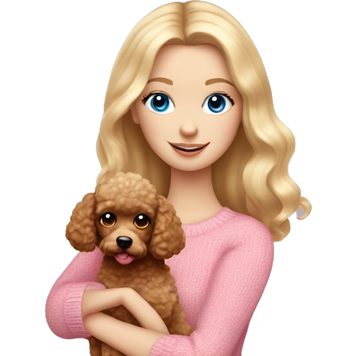 Pretty blue eyed white girl with blonde hair in a pink sweater holding a brown toy poodle