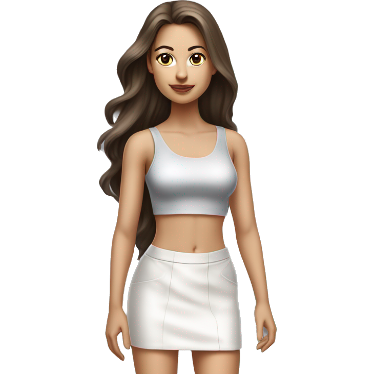 Hyperrealist caucasian, long brown hair, brown eyes, woman, white decollette tank top, gray tight mini skirt, black high heels, full height