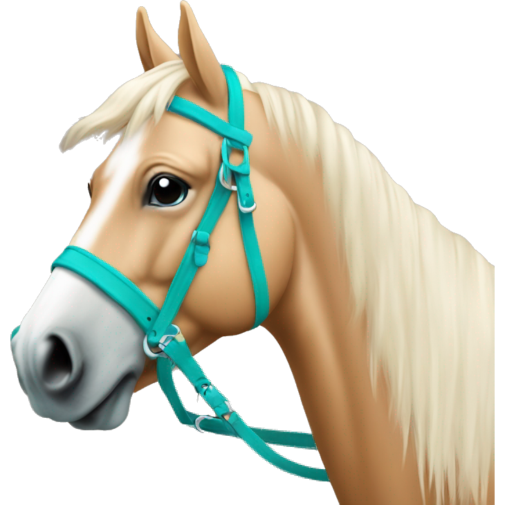 Cheval palomino vu de coté avec un licol turquoise