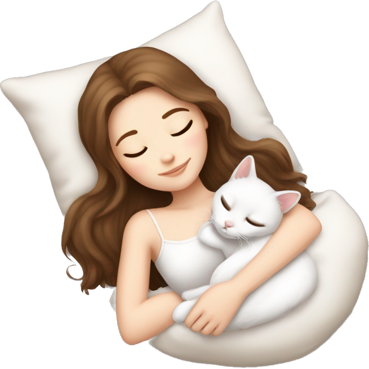 White girl brown hair sleeping with white kitty