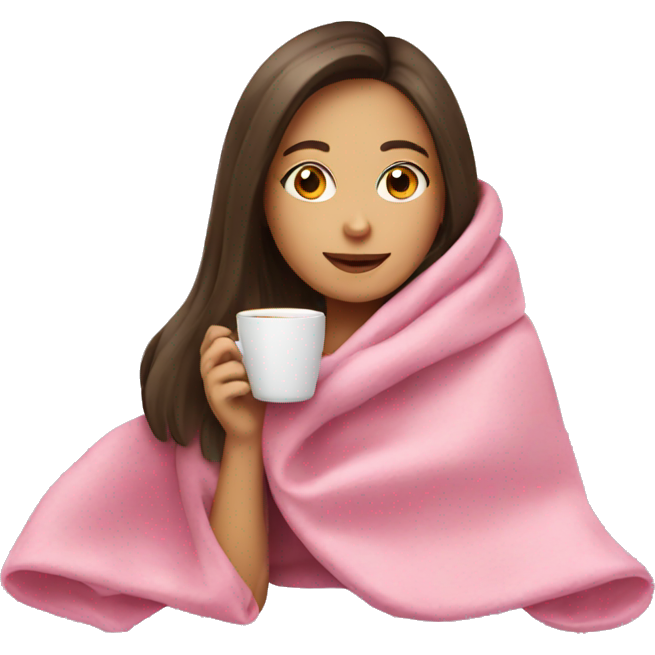Brunette girl in pink blanket drinking coffee