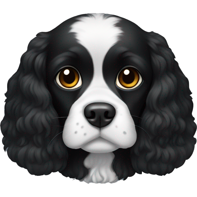 Completely black small king spaniel with black fur on his whole face and white fur on chest