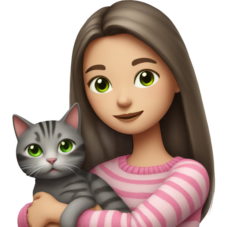 Brunette girl with long hair and green eyes in a pink sweater hugs a gray striped cat. The cat has brown eyes