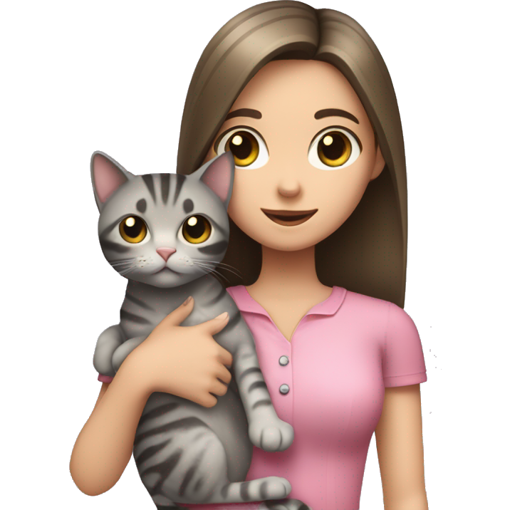Brunette girl with straight hair in a pink blouse, holding a gray, striped, brown eyed cat with a bow in her arms