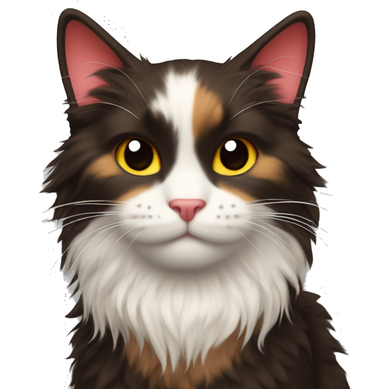 Fluffy heart (emoticon) with calico coloring, heart shape, cat ears, fluffy, has three colors: dark brown, red and white