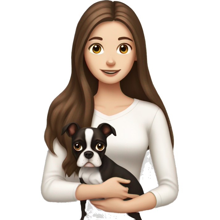 White girl with long brown hair holding a boston terrier