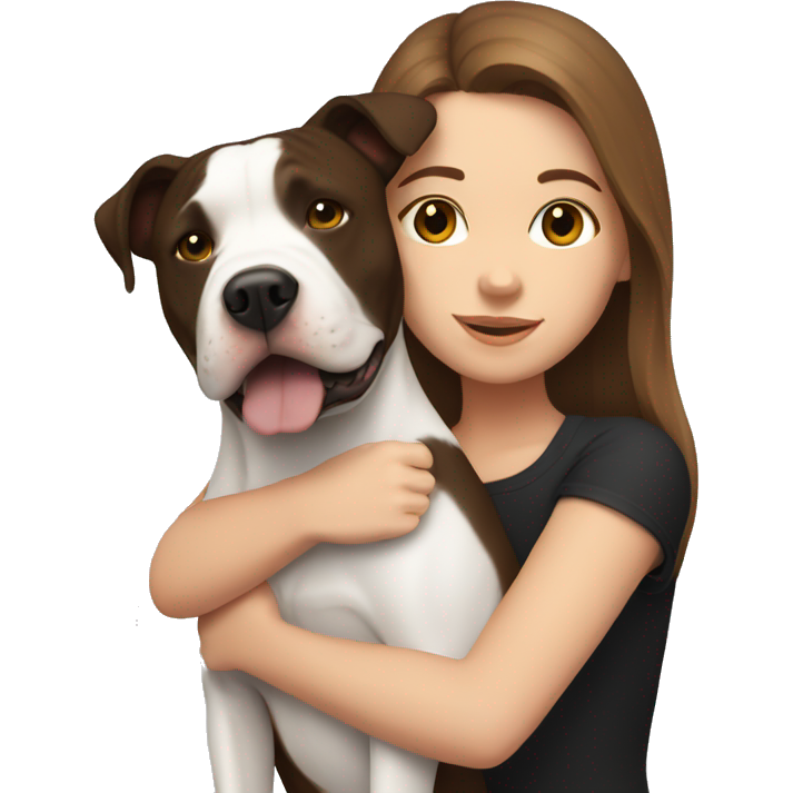 White girl with long brown hair hugging black pitbull