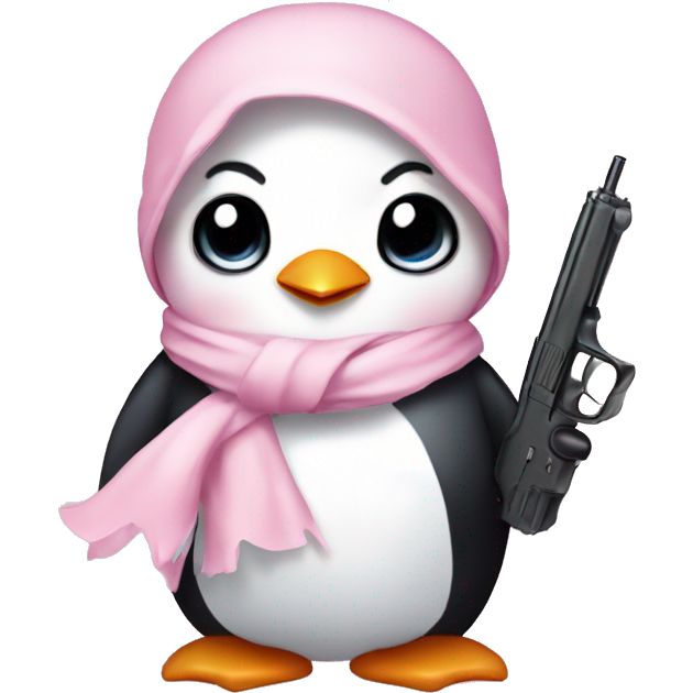 Cute penguin wearing light pink bow scarf not on head and holding light pink gun