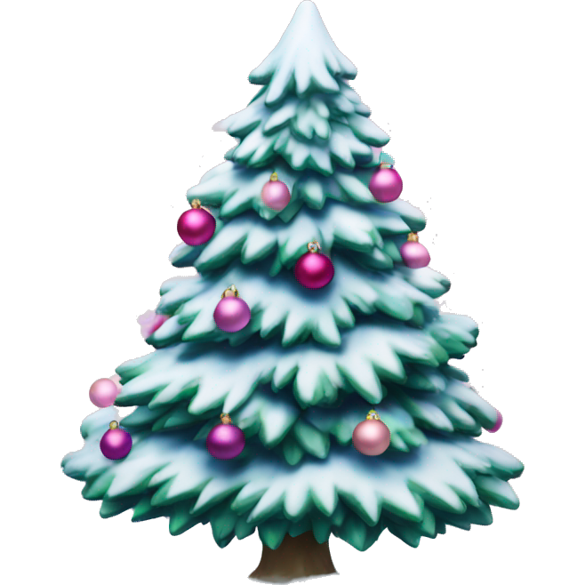 Christmas tree with snow on it and blue and pink ornaments