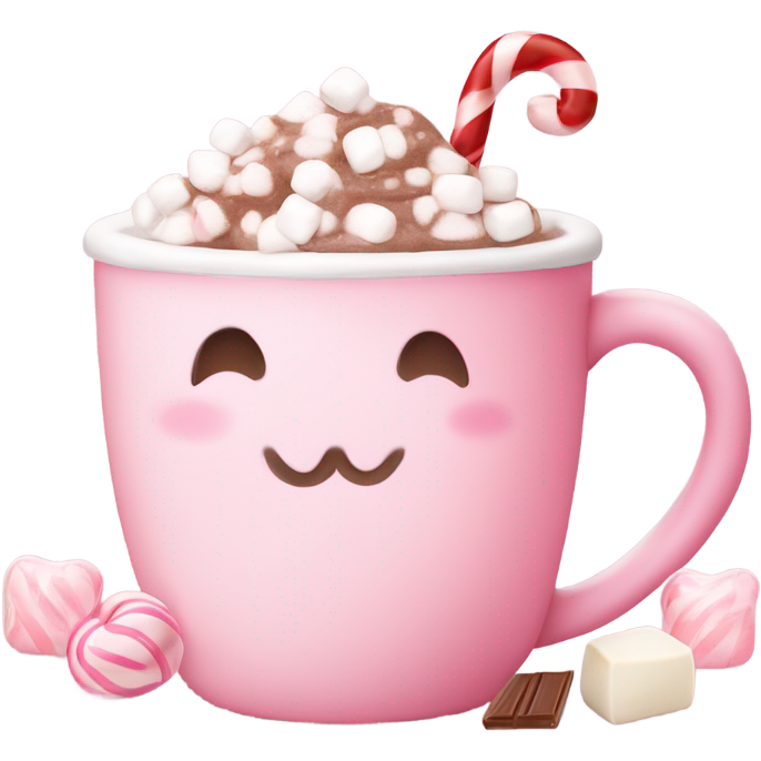 Aesthetic, coquette, hot chocolate that is super cute pink and pastel and adorable and has marshmallows in it and light pink and white candy cane is in it and there’s a little teddy bear on the mug of the hot chocolate