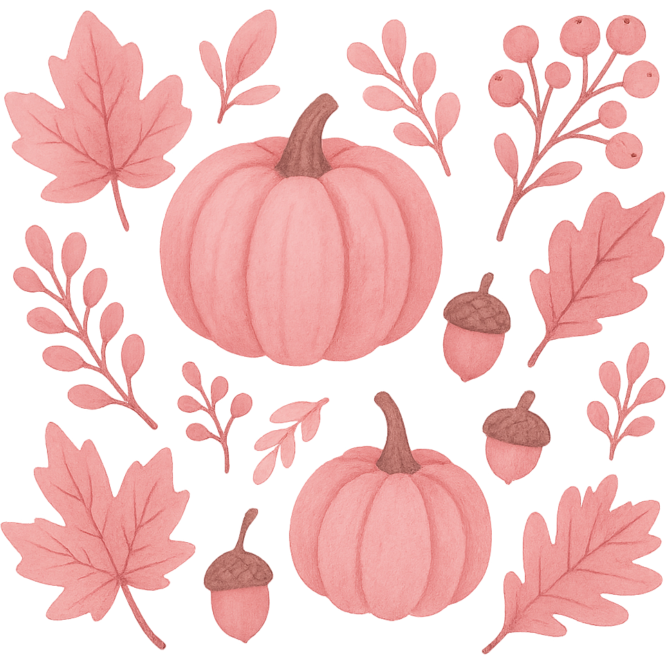 Pink autumn theme, cozy and warm autumn elements with pink hues, no background