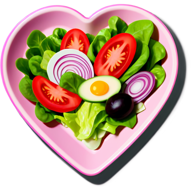 Green salad in a pink heart shaped plate